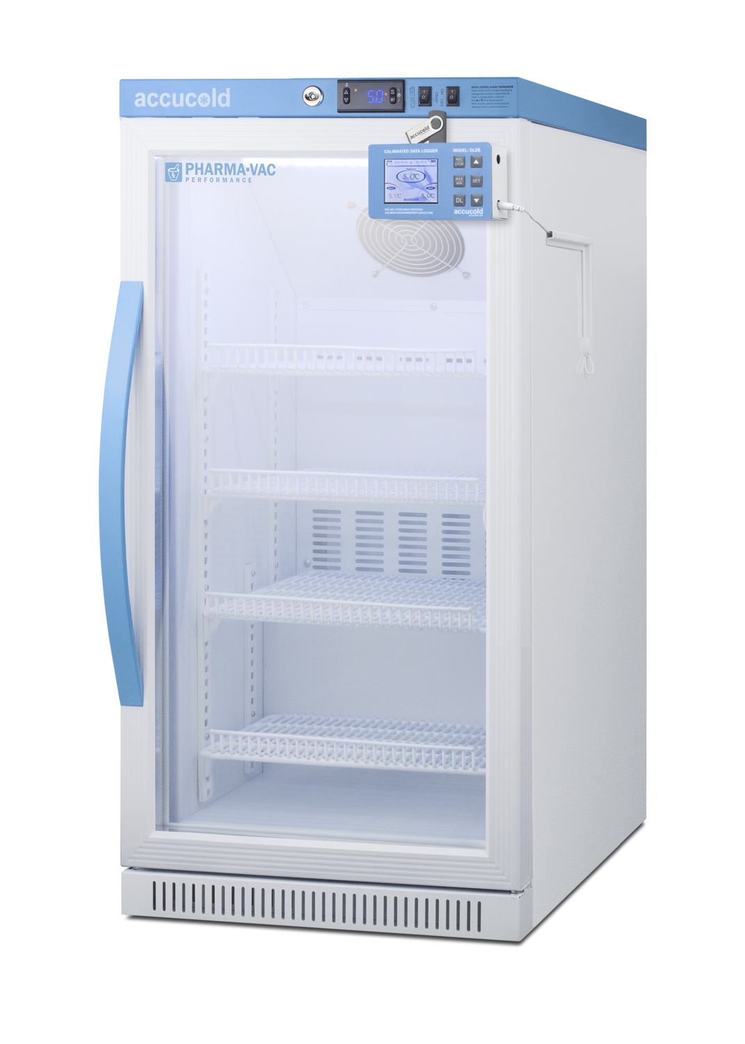 Performance series Pharma-Vac 2.83 cu.ft. ADA height glass door commercial all-refrigerator for the display and refrigeration of vaccines; designed for freestanding or recessed installation, with factory-installed data logger